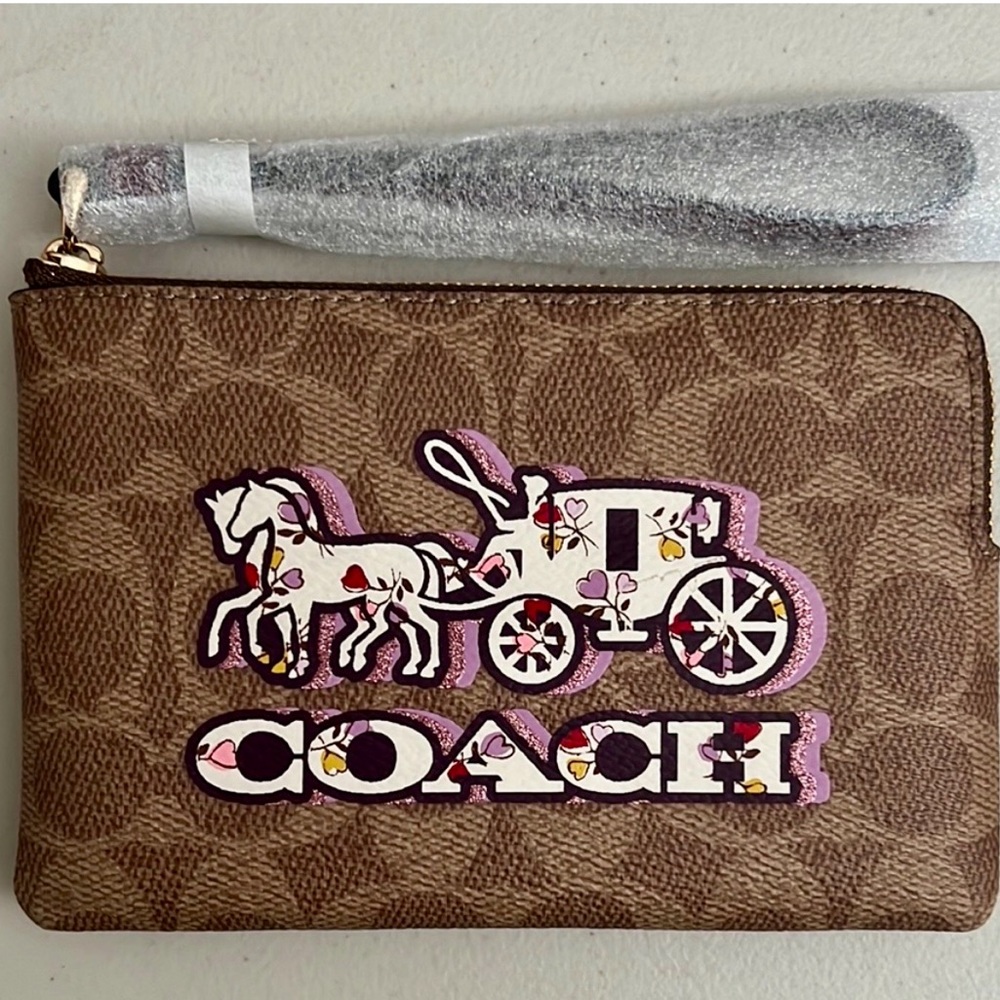 Coach Brown Wristlet with Pink and White Accents